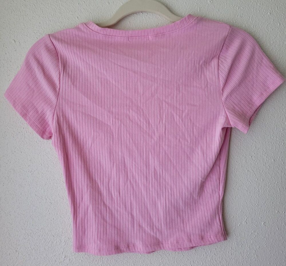 Pink Ribbed Baby Tee Short Sleeve Fitted Stretch Y2K Women's Medium Crew Neck - Picture 2 of 5